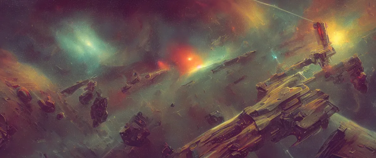 Image similar to lone industrial!!! spaceship!!, deepspace exploration!!!, flying, ridley scott universe, floating!!! in a nebula, the final frontier, illustrative!!, apparent brush strokes, hyperdetailed, sketch, cinematic lighting, 4k, wide angle, beksinski,, trending on artstation