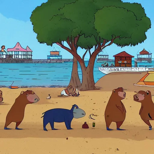 Image similar to capybaras having fun at the beach by bored ape yacht club and matt groening and bojack horseman