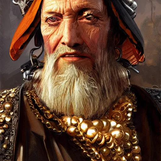 Image similar to portrait, headshot, digital painting, of a old 17th century, old cyborg merchant, amber jewels, baroque, ornate clothing, scifi, realistic, hyperdetailed, chiaroscuro, concept art, art by Franz Hals and Jon Foster