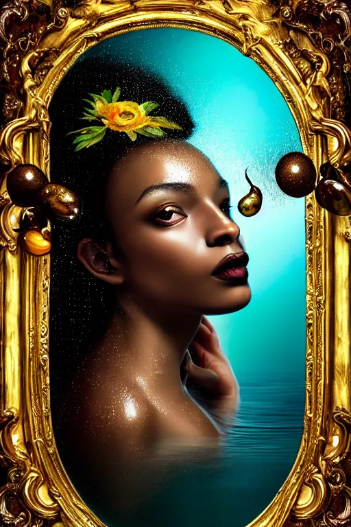 Image similar to hyperrealistic neo - rococo cinematic very expressive! black oshun goddess, open eyes, body in water, mirror dripping droplet!, gold flowers, highly detailed face, digital art masterpiece, smooth eric zener cam de leon dramatic pearlescent teal light, ground angle uhd 8 k, sharp focus