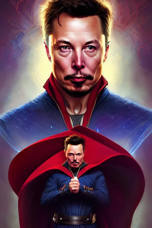 Image similar to elon musk as dr strange, realistic portrait, symmetrical, highly detailed, digital painting, artstation, concept art, smooth, sharp focus, illustration, cinematic lighting, art by artgerm and greg rutkowski and alphonse mucha