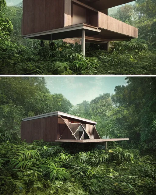 Prompt: a beautiful 3d renderings of a little house in the jungle, architecture by SOM Architect. Architectural photography, 14mm, cinematic photography, high resolution 4k, cg architects, vray