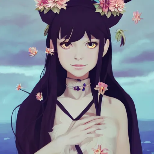 Image similar to a stunning portrait of an olive - skinned witch with cat ears wearing an ornate flower dress, by makoto shinkai, wlop, andrei riabovitchev, sakimichan, summer vibes, very coherent symmetrical artwork, perfect face, studio lighting, smooth, sharp focus, 4 k, masterpiece, trending on artstation