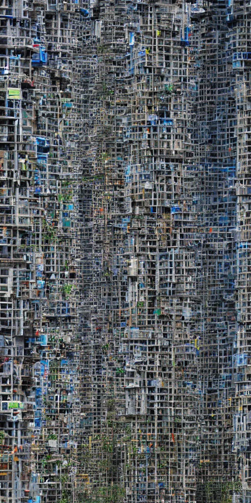 Prompt: a high contrast elevational photo by Andreas Gursky of tall futuristic mixed-use unstable jenga towers emerging out of the ground. The rusty post-industrial towers are made of metal scaffolding and brightly colored mesh tarps. Hundreds of trees plants grow from scaffolding, floors, and balconies. The towers are bundled very close together and stand straight and tall. The towers have 100 floors with deep balconies and hanging plants. Cinematic composition, volumetric lighting, foggy morning light, architectural photography, 8k, megascans, vray.