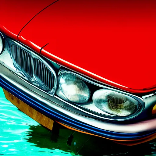 Image similar to hyperrealistic photo of an old jaguar car underwater in a swimming poo, rainbow colorsl, 4 k, 8 k, thin film, full shot