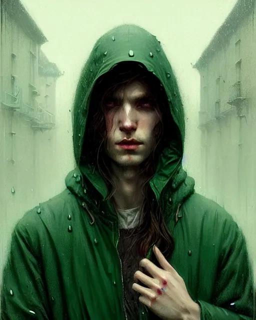 Prompt: portrait Green hooded jacket coat Hunter man elf, long-haired At the rainy town, soaked By greg rutkowski, tom bagshaw, beksinski