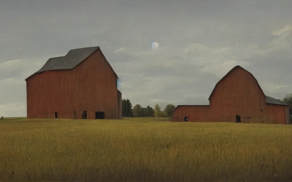 Prompt: a painting of an old haunted empty barn in summer evening, by peteris kalve, oil on canvas