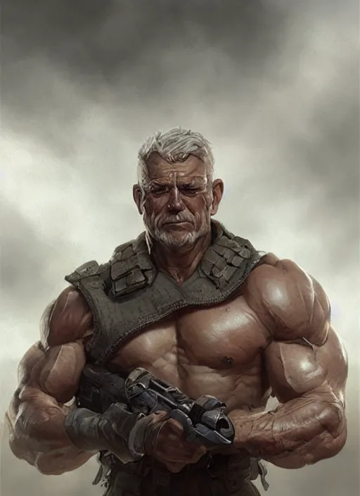 Prompt: detailed character concept illustration, strong muscular older soldier, white uncrop background, sharp focus, illustration, highly detailed, digital painting, concept art, matte, art by wlop and artgerm and greg rutkowski, masterpiece