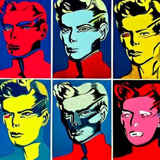 Image similar to cyborgs, panels, primary colors, cyborgs lithography, cyborgs by warhol, cyborgs in the style of andy warhol