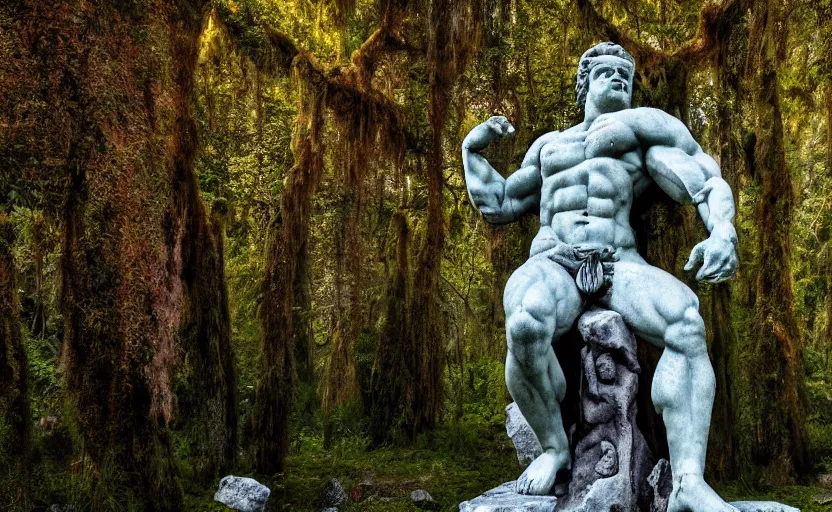 Prompt: a mossy greek marble statue of a very muscular man abandoned in the middle of a forest near a lake at sunset, concept art, godrays, complementary colors, calm, relaxing, beautiful landscape, highly detailed, high quality, 4k HDR, path tracing, serene landscape, high coherence, soft lighting