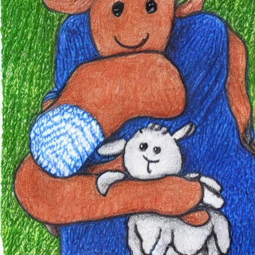 Image similar to a lamb with a blue knitted sweater hugging his mom, children's book drawing