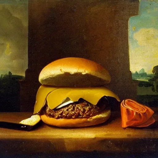 Image similar to hamburger in still life. dutch masters, 1 8 th century. oil on canvas. juicy, fresh, delicious, mouth - watering