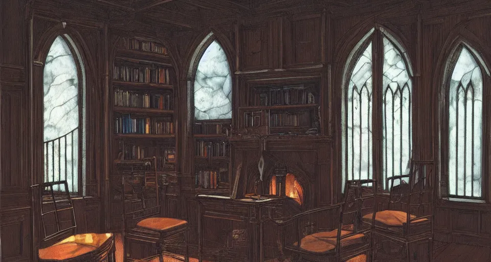 Prompt: Dark victorian hall with two chairs and fireplace. Stained-glass above, bookshelves, by Michael Whelan. artstation, blue lighting.