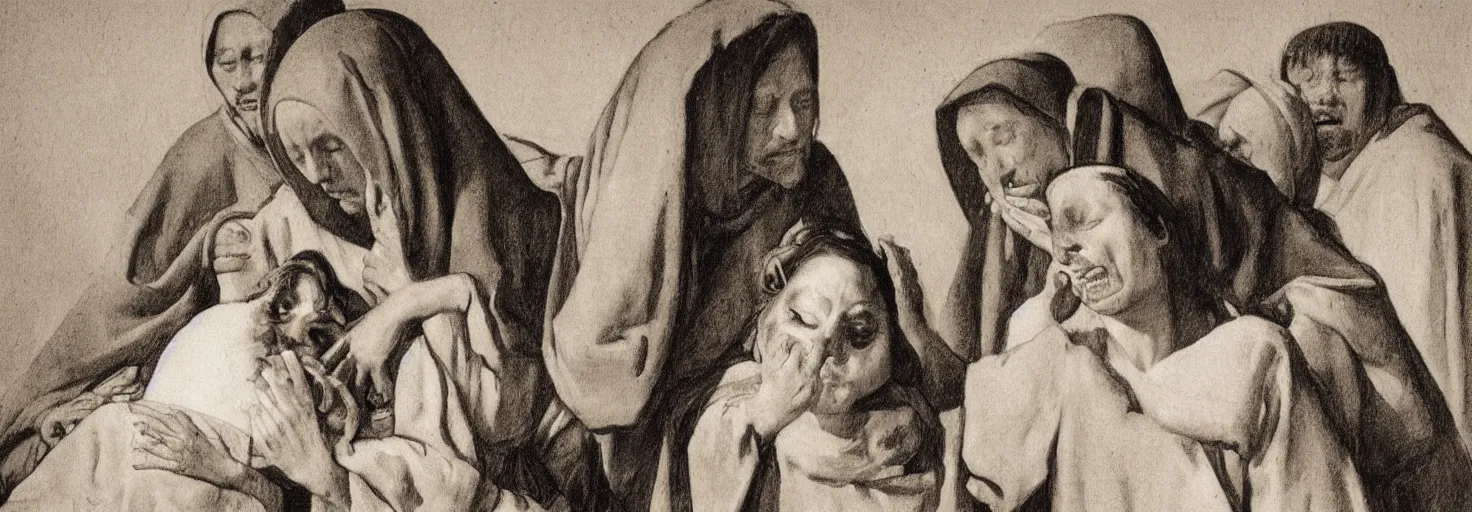 Image similar to a vermeer drawing of three maria's crying at the death of christ