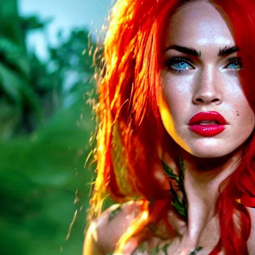 Image similar to stunning awe inspiring megan fox as poison ivy, movie still 8 k hdr atmospheric lighting