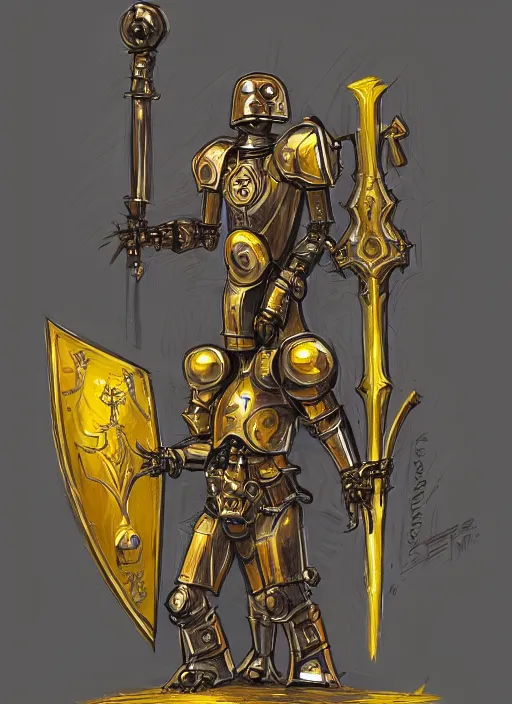 Prompt: intricate glorious holy mechanical warforged pit droid character in yellow armor holding a paladin engraved great longsword and carrying a big shield, epic , trending on ArtStation, cinematic lighting, by Jesper Ejsing