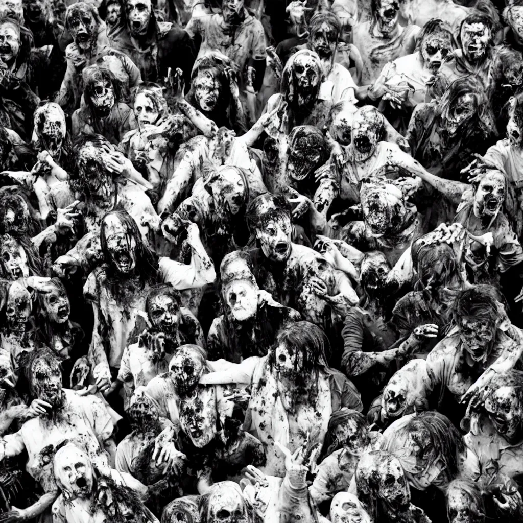 Prompt: black and white photo of the zombie apocalypse,