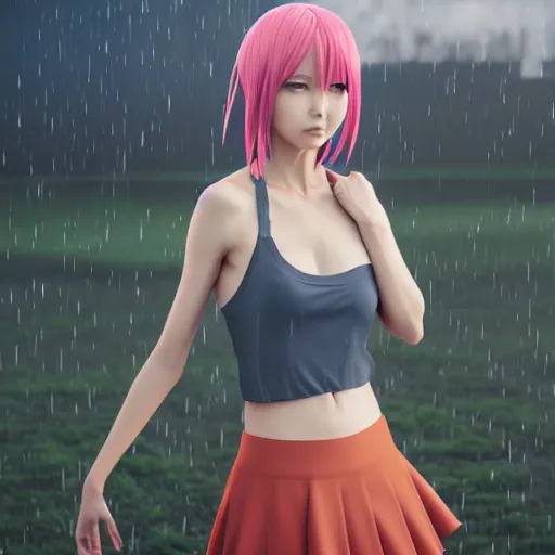 Image similar to beautiful anime woman in 3d style, wearing a skirt and a tanktop, perfect body, standing in the rain, high quality anime art, trending on artstation, 8K octane render