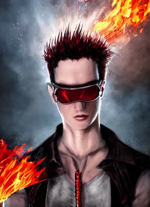 Image similar to An epic fantasy comic book style portrait painting of young man with long red spiked hair. Wearing a black waistcoat, white shirt, using googles. Blasting fire on his hands. Unreal 5, DAZ, hyperrealistic, octane render, cosplay, RPG portrait, dynamic lighting