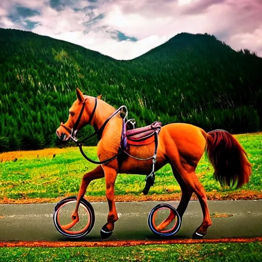 Image similar to horse on bicycle!, cycling!!, anthropomorphic!!, in the mountains, award winning photo,