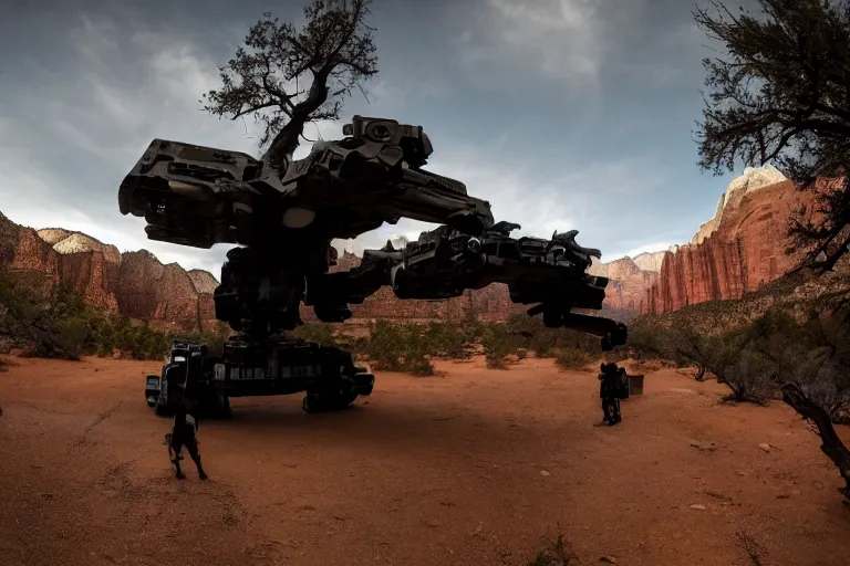 Prompt: cinematography of a cinematic ultra realist and ultra intricate detailed photo of a beautiful sci-fi armored mech shootout in Zion national park by Emmanuel Lubezki