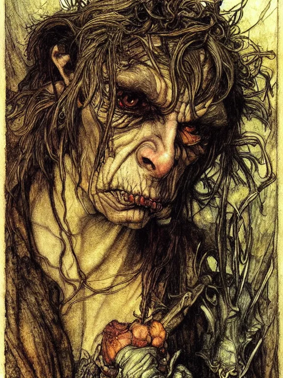 Prompt: Evil goblin. Extremely high detail, details, realistic, masterpiece, colorful. Portrait painting by Arthur Rackham, Muzinabu, Johann Tischbein, Eugene de Blaas, Frederic Leighton, Harry Clarke