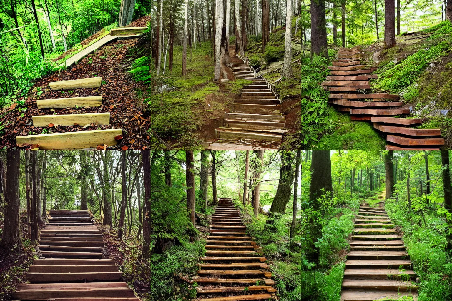 Prompt: stairway made of wood, trees, vegetations, flowers, natural