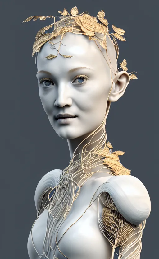 Image similar to complex 3d render of a beautiful porcelain profile woman face, vegetal dragon cyborg, 150 mm, beautiful natural soft light, rim light, silver gold details, magnolia leaves and stems, roots, fine lace, maze like, mandelbot fractal, anatomical, facial muscles, cable wires, microchip, elegant, highly detailed, white metallic armour, octane render, black and white, H.R. Giger style