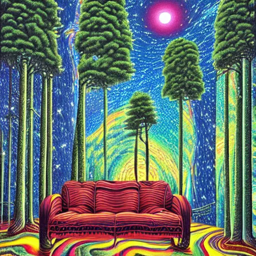 Prompt: psychedelic trippy river pine forest, jupiter, milky way, sofa, cartoon by rob gonsalves