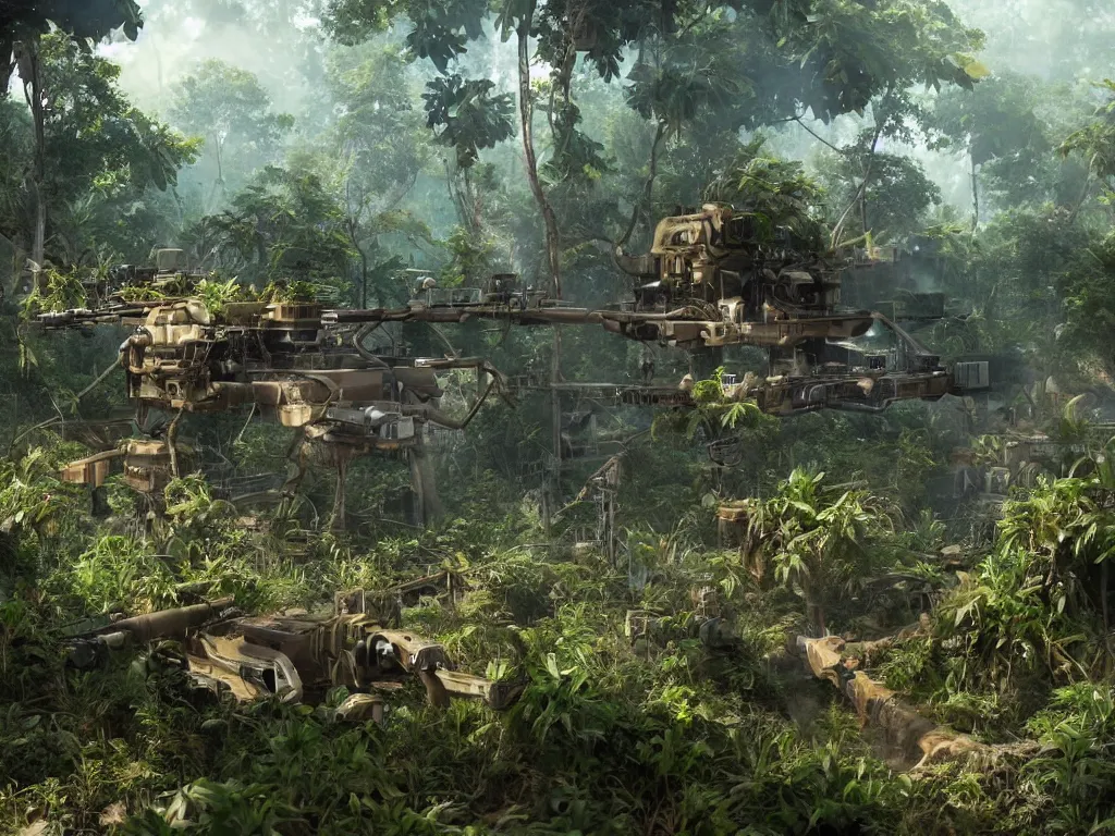 Prompt: a first person shooter set in the jungle with lots of action, steampunk ships anchored, morning lighting, wide angle, unreal engine, rendered in vray, anime style rendering