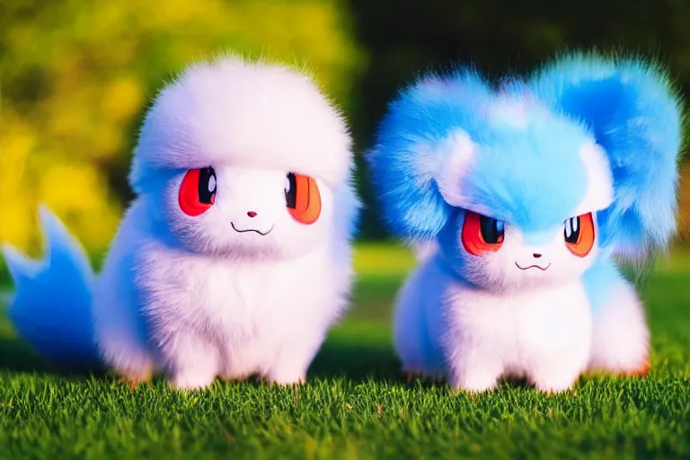 Image similar to photo of real life pokemons, cute!!!, content!!!, mischievous!!!, adorable!!!, fluffy!!!, ultra realistic!!!, golden hour, sharp focus, tiny amount of chromatic aberration