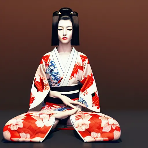 Image similar to an android geisha in a lotus position wearing a flowing kimono and tattoos, octane render, unreal engine, 8 k, cinematic, artwork by ilya kuvshinov