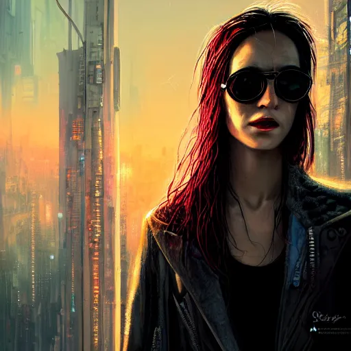 Prompt: molly millions, closeup portrait of a young beautiful cyberpunk woman, sunglasses, black hair in a rough shag, sunset, neuromancer, street samurai, cyberpunk city background, megacity, gorgeous view, depth, painted by seb mckinnon, high detail, digital art, painted by greg rutkowski, trending on artstation