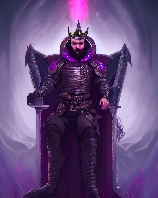 Image similar to a full length portrait of a medieval king on the cyberpunk throne, glowing eyes, dark purple color scheme, grim - lighting, high - contrast, intricate, elegant, highly detailed, digital painting, artstation, concept art, smooth, sharp focus, illustration