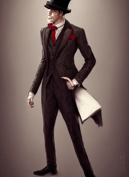 Image similar to a highly detailed illustration of stylish top hat wearing red haired attractive man, wearing suit vest, flashy leaning back pose, intricate, elegant, highly detailed, centered, digital painting, artstation, concept art, smooth, sharp focus, league of legends concept art, WLOP