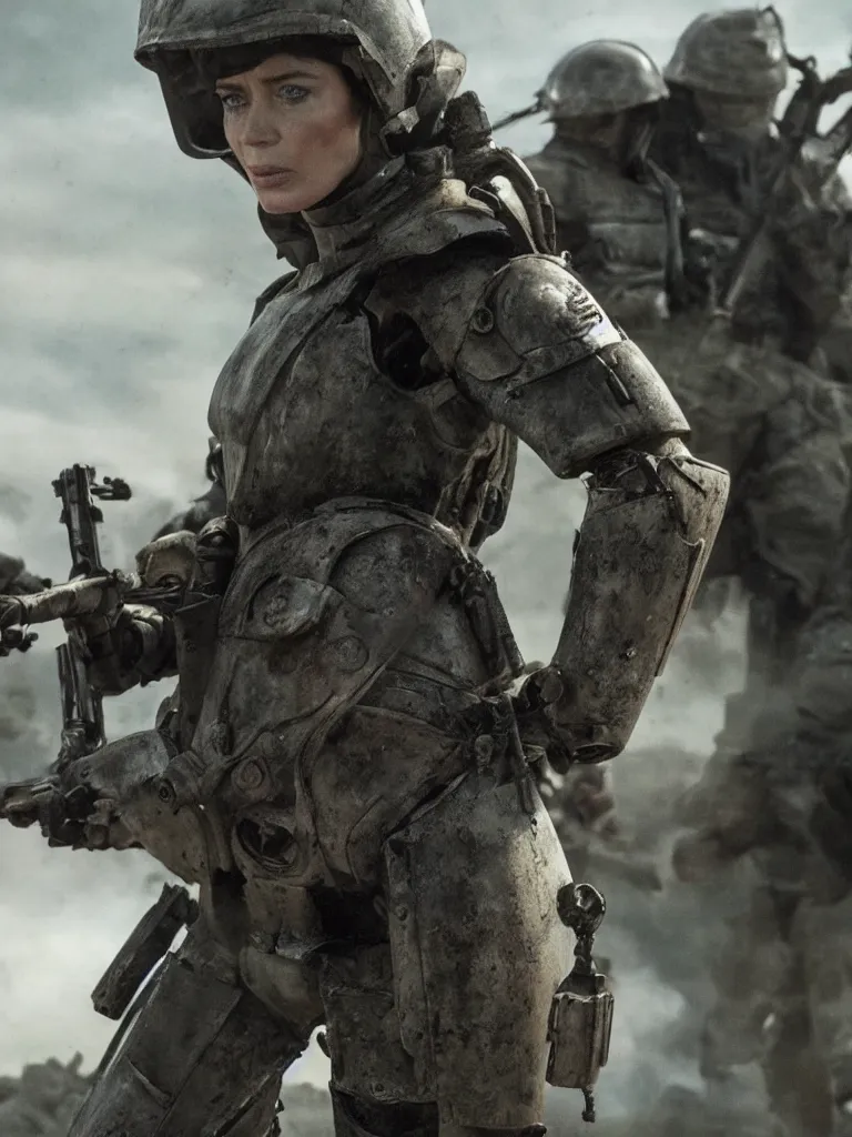 Image similar to emily blunt in power armor, angel of verdun, epic movie scene