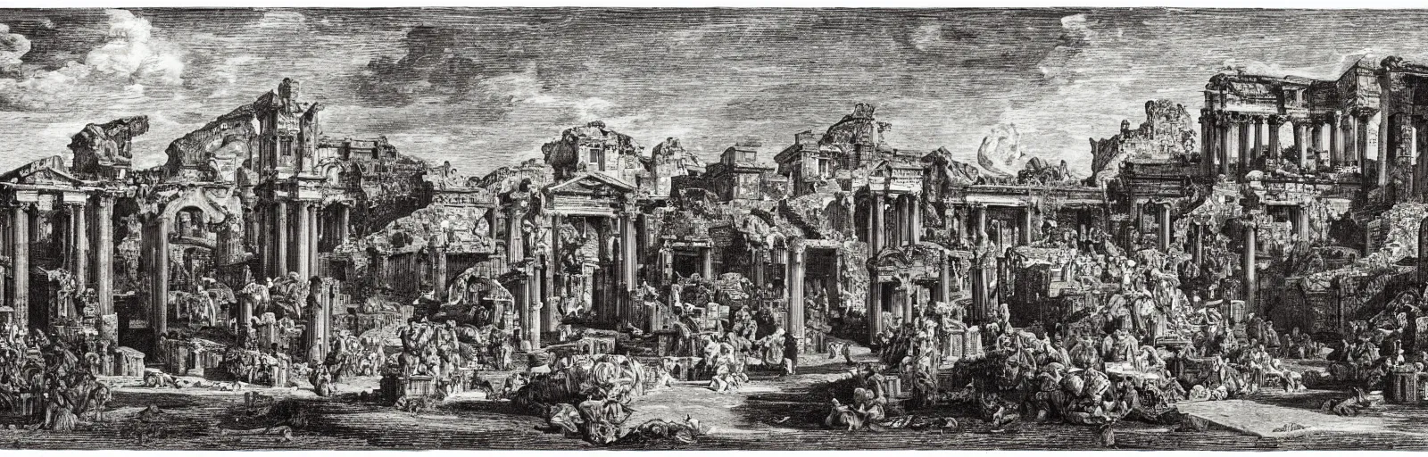 Prompt: a imaginative and theatrical view through the herculaneum gate, pompeii, etching by giovanni battista piranesi