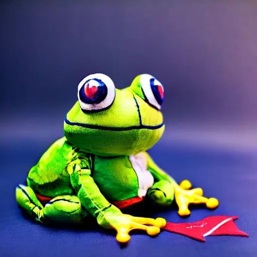 Image similar to cute plushie frog wearing a sailor suit, studio photography,