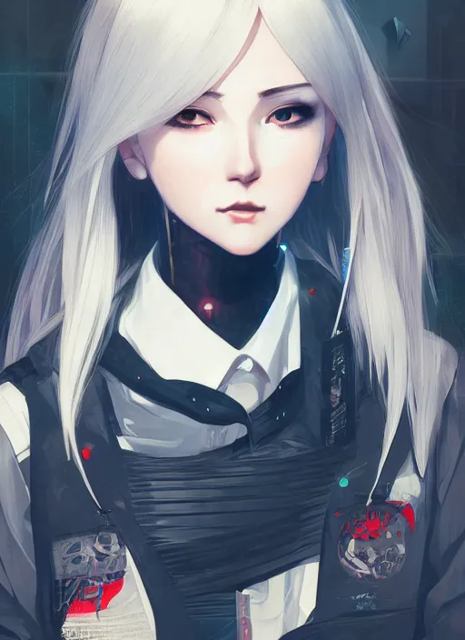 Image similar to portrait Anime girl cyberpunk, cute-fine-face, white-hair pretty face, realistic shaded Perfect face, fine details. Anime, cyberpunk. realistic shaded lighting by Ilya Kuvshinov and Gustav Klimt