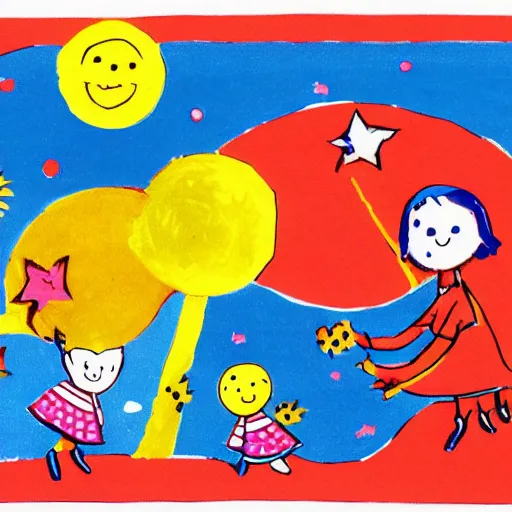 Prompt: Illustration for small children Called HAPPY Children PICNIC ON THE Lunar Surface , in the style of Dorothy Brook, primary color scheme