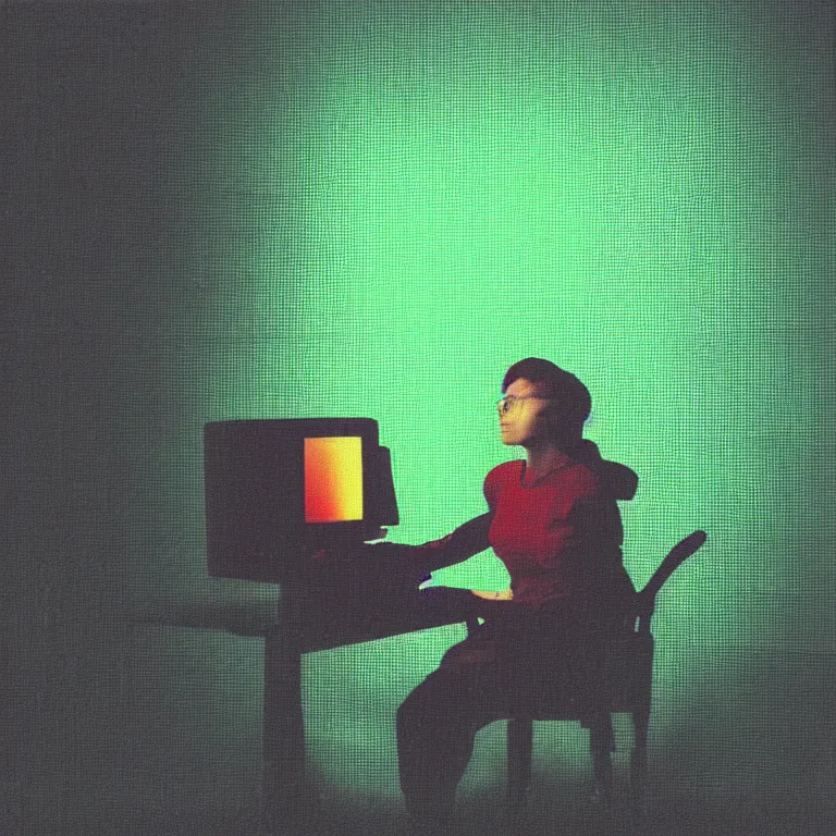 Prompt: a female hacker sits in a chair in a dark room with a green screen crt, phosphor, 1 9 9 3, cyberpunk, low light photograph