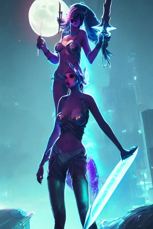 Prompt: diana from league of legends, cyberpunk futuristic neon. holding a moon sword, moon glowing in background decorated with traditional japanese ornaments by ismail inceoglu dragan bibin hans thoma greg rutkowski alexandros pyromallis nekro rene maritte illustrated, perfect face, fine details, realistic shaded, fine - face, pretty face, masterpiece