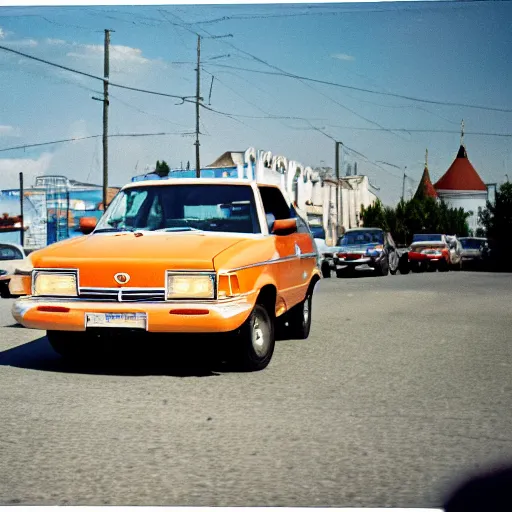 Image similar to close-up shot of car in russian small town, low angle, velvia film, cinestill,f 1,6, blur, by William Eaglstone