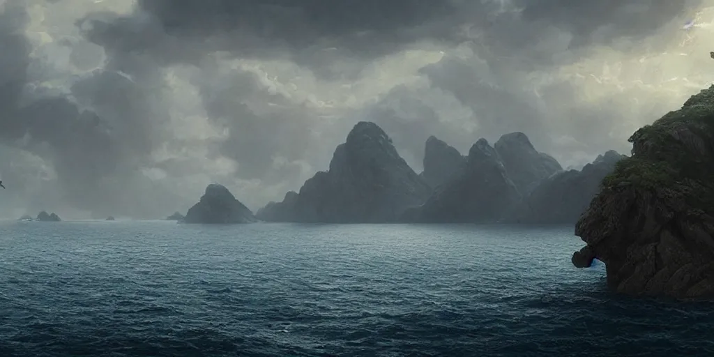 Prompt: epic matte painting of an island, cinematic cinematography masterpiece, greg rutkowski, and ivan aivazovski, roger deakins