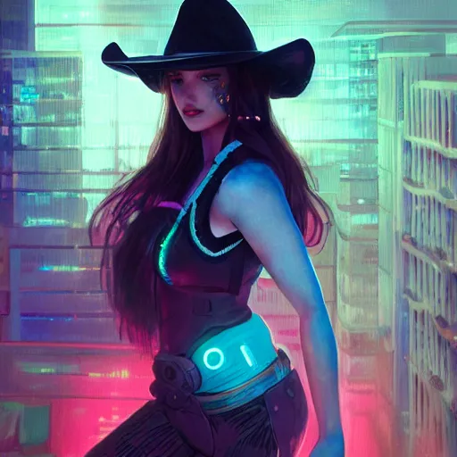 Image similar to portrait futuristic ana de armas cyberpunk cowgirl, neon light rooftop, fantasy, intricate and very very beautiful and elegant, highly detailed, digital painting, artstation, concept art, smooth and sharp focus, illustration, art by tan zi and ayanamikodon and alphonse mucha and wlop