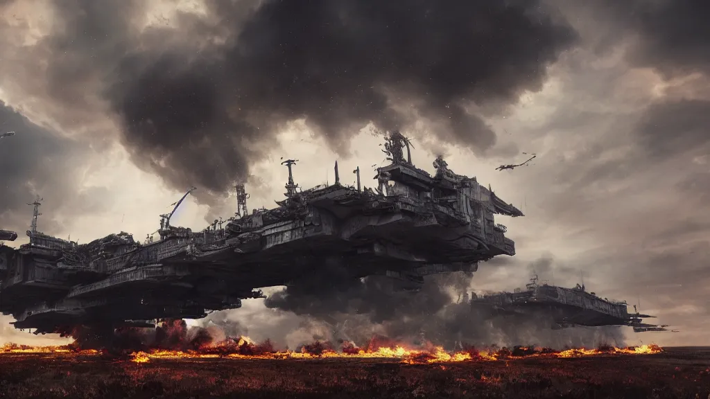 Image similar to an immense steampunk aircraft carrier crashed and burning in a field, thick black smoke billowing, turbulent storm clouds, dystopian, sharp focus, octane render, imax