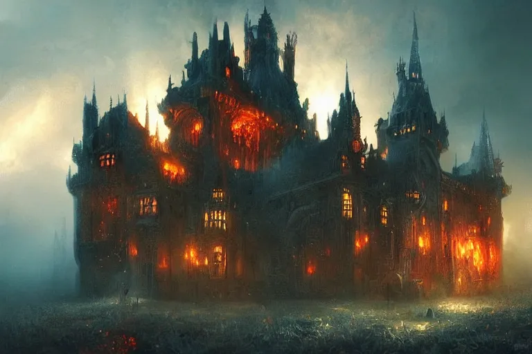 Image similar to Ornate Castle made of Fire, atmospheric, digital art, fantasy, magic, arcane, volumetric lighting, illustration by Seb McKinnon, realistic