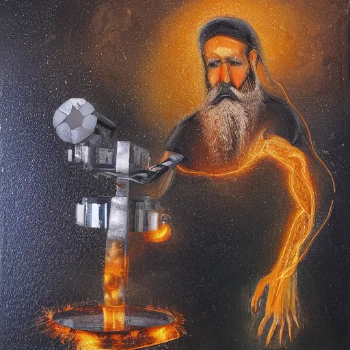 Prompt: God of forging and fire hephaistus creating the first artificial neural network in his volcanic smokey laboratory, hephaistos has a beard, hephaistos inventor of deep learning and machines, dark background, oil on canvas