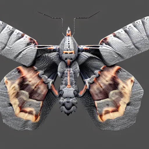 Prompt: a mechanized atlas moth, gunmetal grey, very symmetrical, orthographic view, top down view, bottom view, side view, blueprints, mecha, jet fighter, cybernetic, robotic, highly detailed, artstation, autodesk maya, super realistic, unreal engine