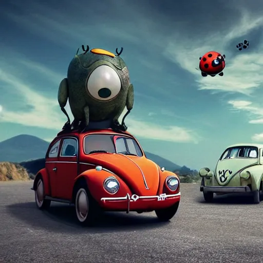 Image similar to promotional movie scene of a ( volkswagen beatle ) and lady bug hybrid. a volkswagen merged into a bug. it is racing down a dusty back - road. cinematic, 4 k, imax, 7 0 mm